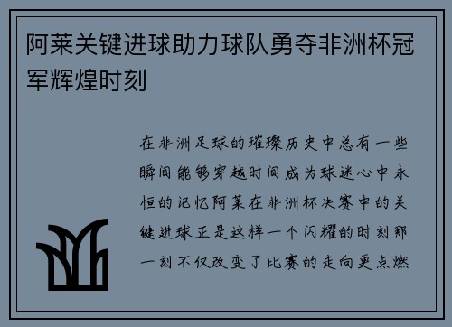 阿莱关键进球助力球队勇夺非洲杯冠军辉煌时刻 阿莱关键进球助力球队勇夺非洲杯冠军辉煌时刻